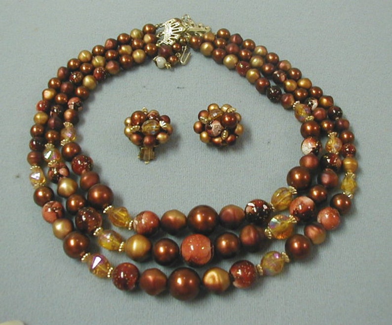 Hong Kong Bead Necklace and Earrings Set Copper Brown