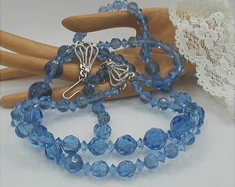 Blue Faceted Crystal Two Strand Choker Length Necklace