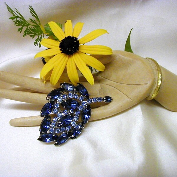 Vintage Sapphire Blue Rhinestone Leaf Brooch RESERVED for chatool