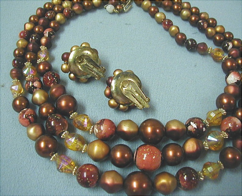 Hong Kong Bead Necklace and Earrings Set Copper Brown