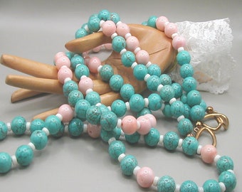 Faux Turquoise and Pastel Pink Glass Bead Necklace