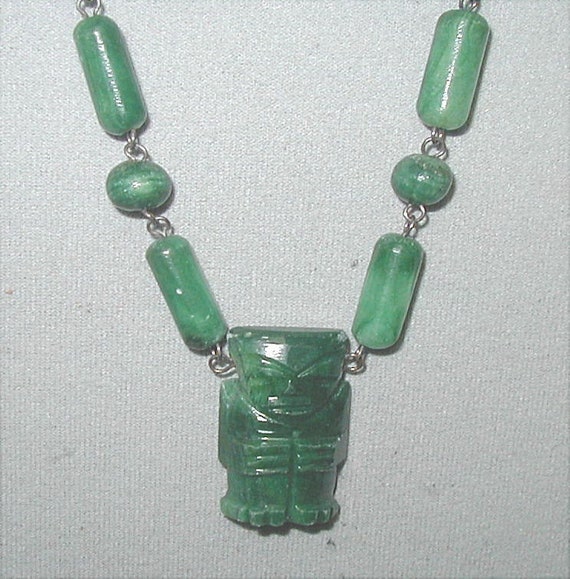 Mexican Natural Green Stone Mayan Figure Necklace - image 1