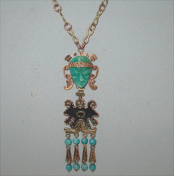 Casa Maya Mexico Green Onyx Brass and Copper Penda