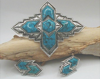 Sarah Coventry Inca Southwestern Brooch and Clip Earrings