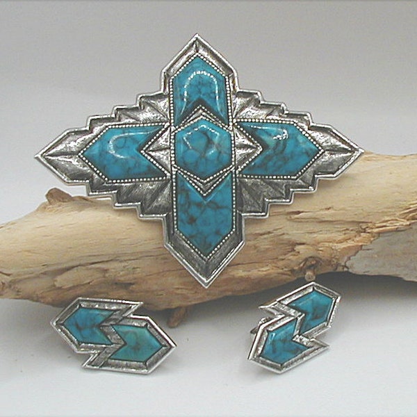 Sarah Coventry Inca Southwestern Brooch and Clip Earrings