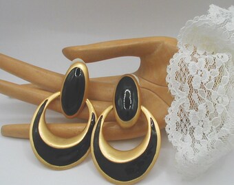 Gold Tone and Black Enameled Door Knocker Clip Earrings