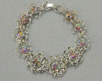 Aurora Rhinestone and Silver Tone Flower Bracelet