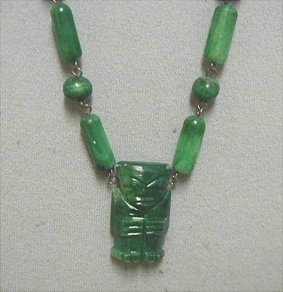 Mexican Natural Green Stone Mayan Figure Necklace - image 2
