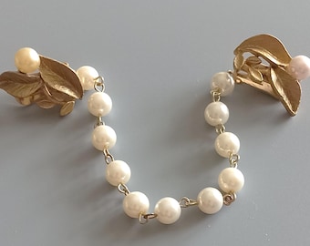 Sweater Clips With Gold Tone Leaf Design And Faux Pearl Chain