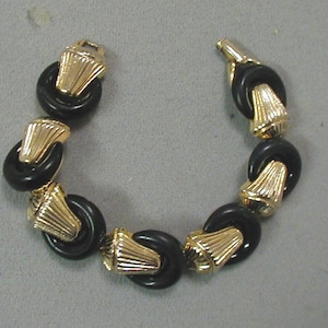 Crown Trifari Gold Tone and Black Lucite Link Bracelet