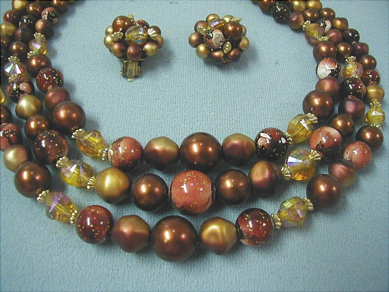 Hong Kong Bead Necklace and Earrings Set Copper Brown