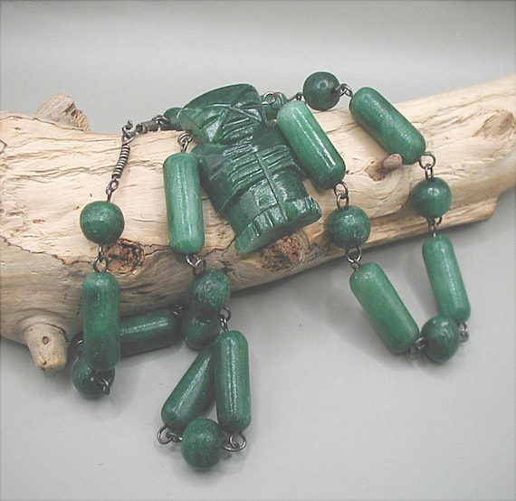 Mexican Natural Green Stone Mayan Figure Necklace - image 3