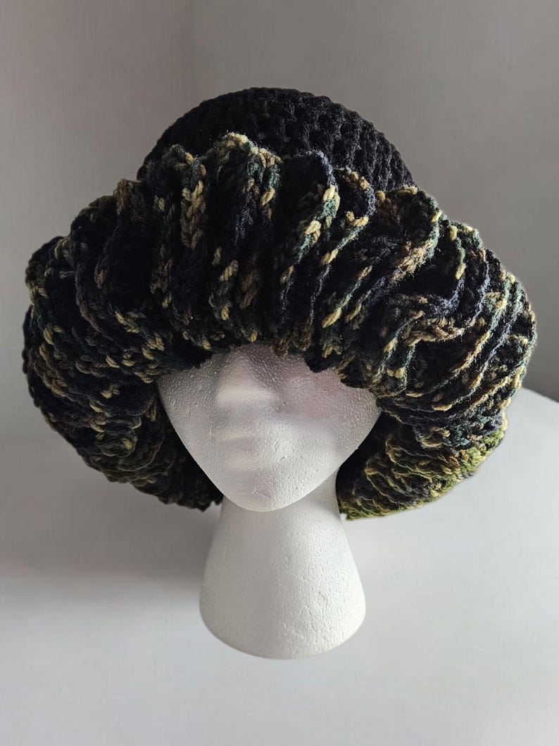 Handmade Crochet Ruffle Hat- Black With Camo Ruffle - Etsy