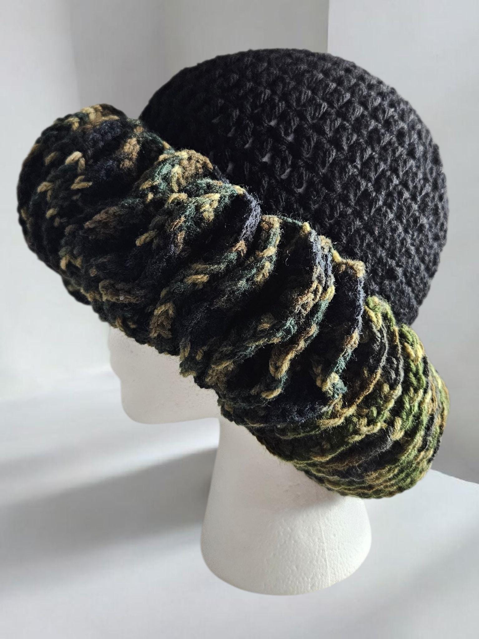 Handmade Crochet Ruffle Hat- Black With Camo Ruffle - Etsy