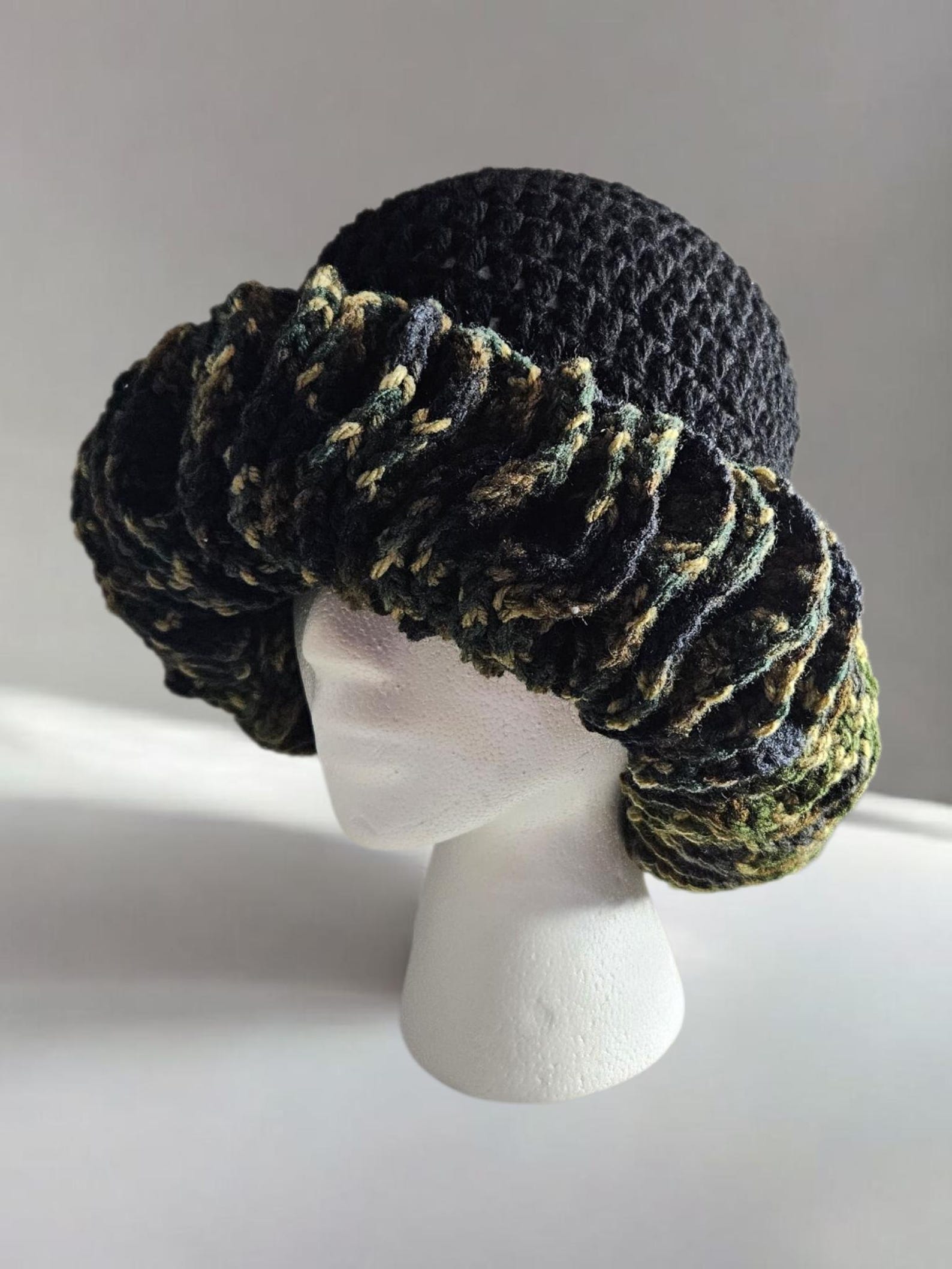 Handmade Crochet Ruffle Hat- Black With Camo Ruffle - Etsy