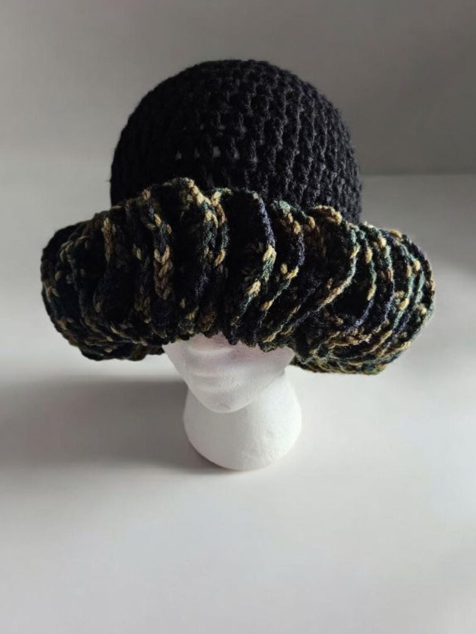 Handmade Crochet Ruffle Hat- Black With Camo Ruffle - Etsy