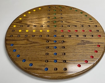 Ludo - 18"- 4 Player / 5 Marble - Round Solid Oak Game Board (1/2" Marbles)