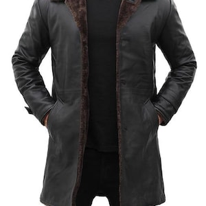 Men&#39;s Black Shearling Leather Coat Real Leather Faux Shearling Coat