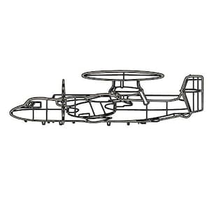 May include: Black line drawing of an aircraft with a large, circular radar dome on top. The plane has a propeller on each wing and a tail section. The design is a simplified outline, suitable for a model or craft project.