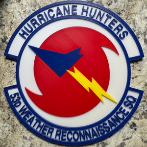 May include: A circular emblem with the words "HURRICANE HUNTERS" and "53D WEATHER RECONNAISSANCE SQ" in blue. The emblem features a red circle with a blue arrow and yellow lightning bolt.