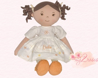 Personalized Cloth Brunette Doll In Cream Dress Baby's First Doll  Doll for Baby Girl  Rag Doll