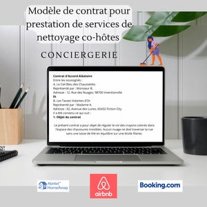May include: A laptop computer screen displays a contract for cleaning services for co-hosts. The contract is written in French and includes the names of two companies: Le Ciel Bleu des Chaussettes and Les Tasses Volantes d'Or. The contract is for the regulation of coloured crayons in the space of invisible shoes. The laptop is sitting on a table with a cup and two pencils.