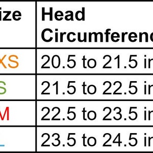 May include: A chart showing hat sizes and corresponding head circumference measurements in inches. The chart lists sizes from Teen XS to Adult L, with corresponding head circumference ranges from 20.5 to 21.5 inches, 21.5 to 22.5 inches, 22.5 to 23.5 inches, and 23.5 to 24.5 inches.