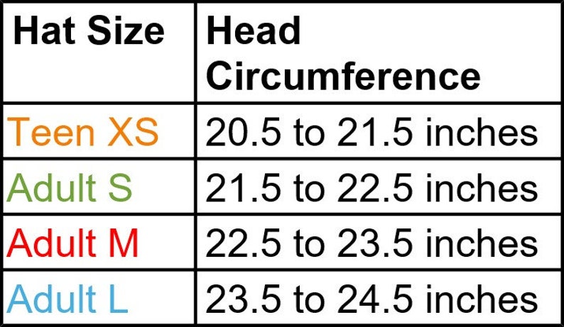 May include: A chart showing hat sizes and corresponding head circumference measurements in inches. The chart lists sizes from Teen XS to Adult L, with corresponding head circumference ranges from 20.5 to 21.5 inches, 21.5 to 22.5 inches, 22.5 to 23.5 inches, and 23.5 to 24.5 inches.