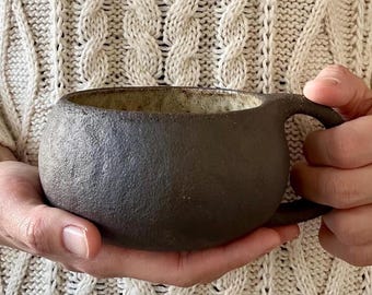 Ceramic Coffee Mug 300ml 10oz, Dark Brown Stoneware, Wabi Sabi Handmade Pottery, Rustic Minimalist Cup