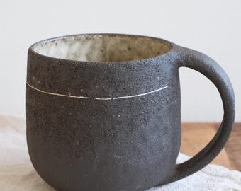Handmade Ceramic Coffee Mug 380ml, Wabi Sabi Stoneware, Dark Carved Line Pottery, Rustic Japandi Gift