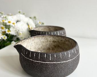 Handmade Wabi-Sabi Matcha Bowl with Spout – Mishima Ceramic Chawan – Japanese Tea Ceremony Potter