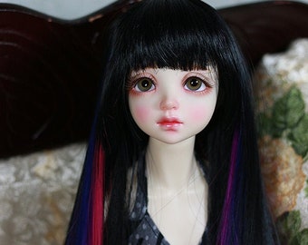 1/4 6-7" BJD doll wig MSD Black with neon pink blue purple streaks with bangs hair fairyland unoa slim mini JR-152