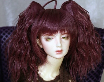 1/4 1/3 7-8" BJD doll wig MSD Sd Plum purple mauve wavy pigtails pig tail hair JR-165