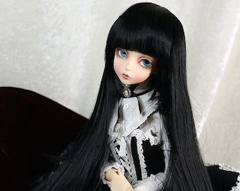 1/3 8-9" BJD doll wig SD Long Black Straight Hime Cut Bangs Black hair JR-194