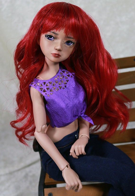 1 4 6 7 Bjd Doll Wig Msd Red Wavy Hair With Bangs Etsy