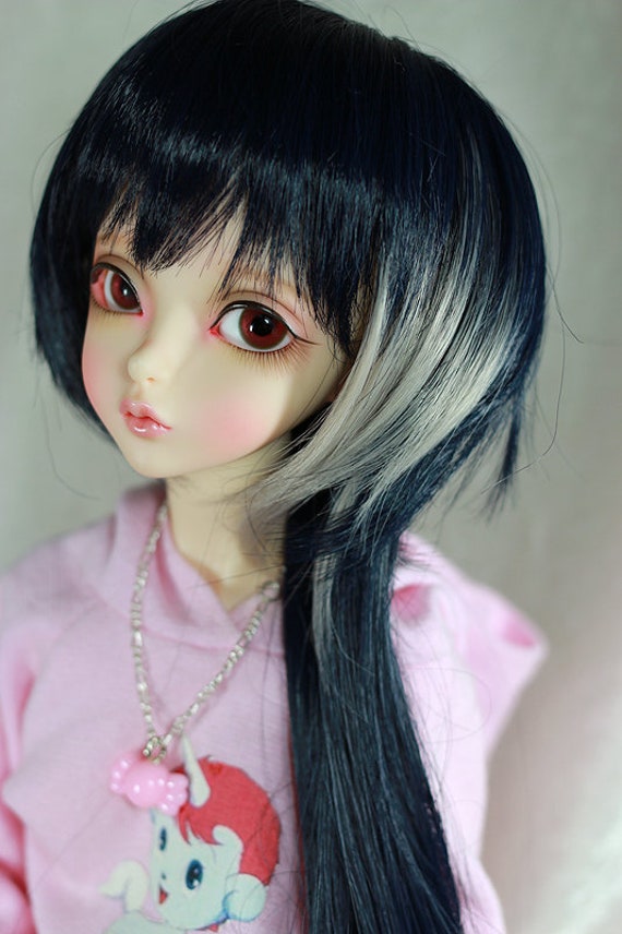 1 3 8 9 Bjd Doll Wig Sd Long Dark Blue Hair With Grey Streak Dollfie Jr 57