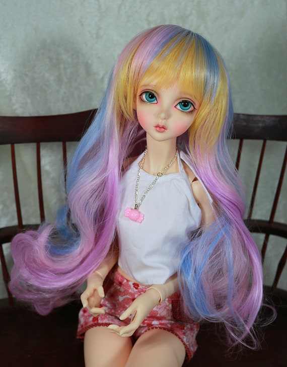 1//3 8-9/" BJD DOLL WIG SD AQUA BLUE GREEN WAVY CURLY W//BANGS DOLLFIE JR-86 USA