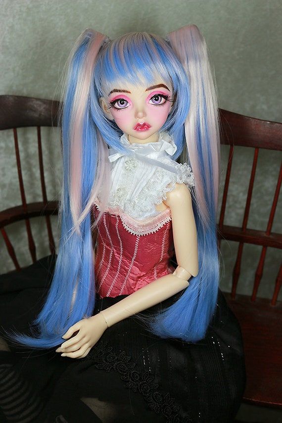 1/3 8-9インチ BJD 人形用ウィッグ SD ピンク ブルー ピグテール 