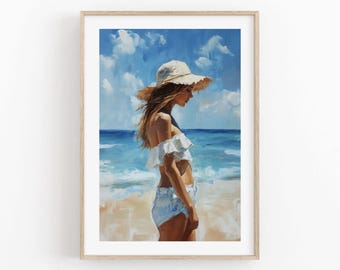 Serene Summer Beach Walk | Modern Art Digital Print | Digital Painting | Coastal Wall Art Printable for Relaxing Home Decor