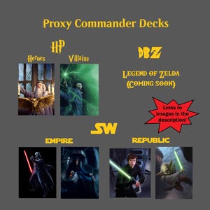 May include: A digital display titled Proxy Commander Decks featuring yellow text and graphics. It showcases Harry Potter characters, DBZ, Legend of Zelda, and Star Wars themes with images of Darth Vader, Emperor Palpatine, Luke Skywalker, and Yoda.
