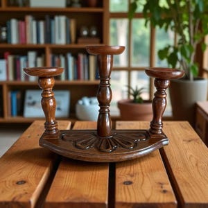 VTG Träljusstake med 3 Snidad Scroll-pedestal Mantel Midpoint Decor