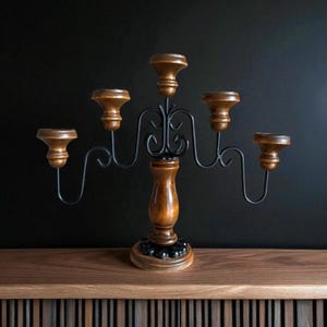 VTG Wood Metal 5 Arm Candelabra Candle Holder Mid Century Modern Decor Table