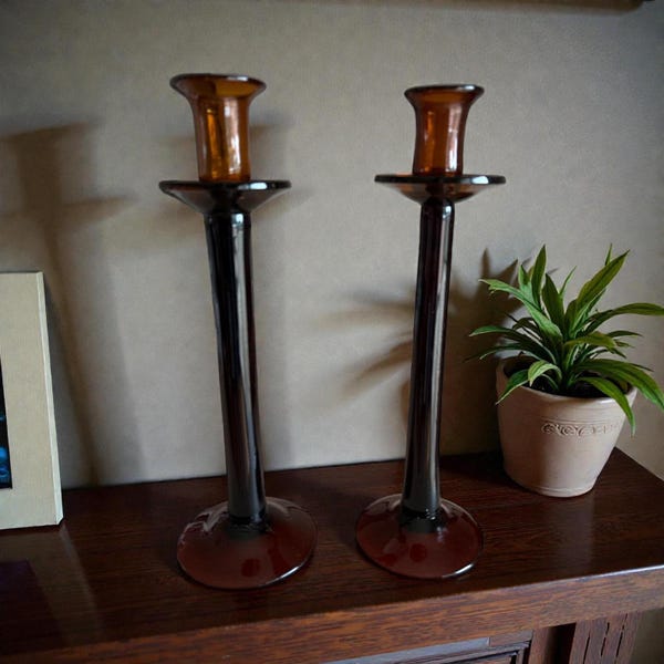 VTG Amber Glass Candle Holders Pair Large Tall Taper Pedestal Stands Retro Decor