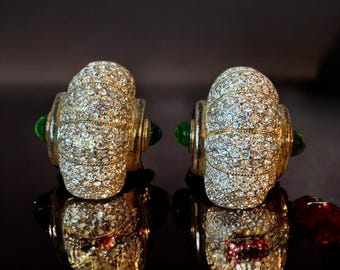 Vintage Goldfarbene Ohrclips mit Grünem Stein und Strass