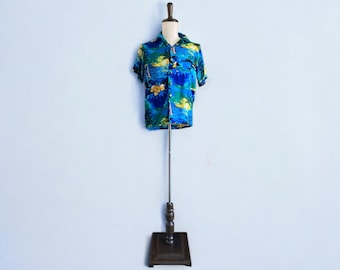 Aremar Mens Hawaiian Tropical Print Button-Up Shirt L Palm Trees Flowers Blue