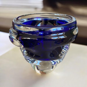 Vintage Art Glass Vase With Swirled Design Cobalt Blue & Clear Handcrafted Decorative Piece