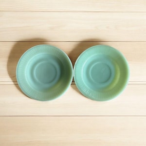VTG Jadeite Saucer Plates Set Of 2 Jane Ray Pattern Ribbed Mint Green Glass