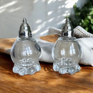 May include: Two clear glass salt and pepper shakers with silver tops. The shakers have a round body and a textured base with small, round bumps.