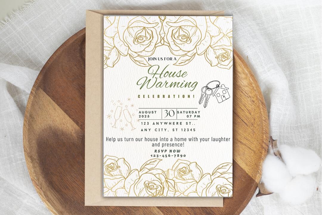 Housewarming Invitation Template Canva Editable Gold Floral Invite New ...
