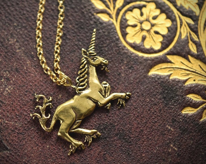Medieval Unicorn Necklace - Gold Bronze Unicorn Pendant - Small Dainty Charm Necklace - Recycled - Unicorn Lover Gift - by Woodland Belle